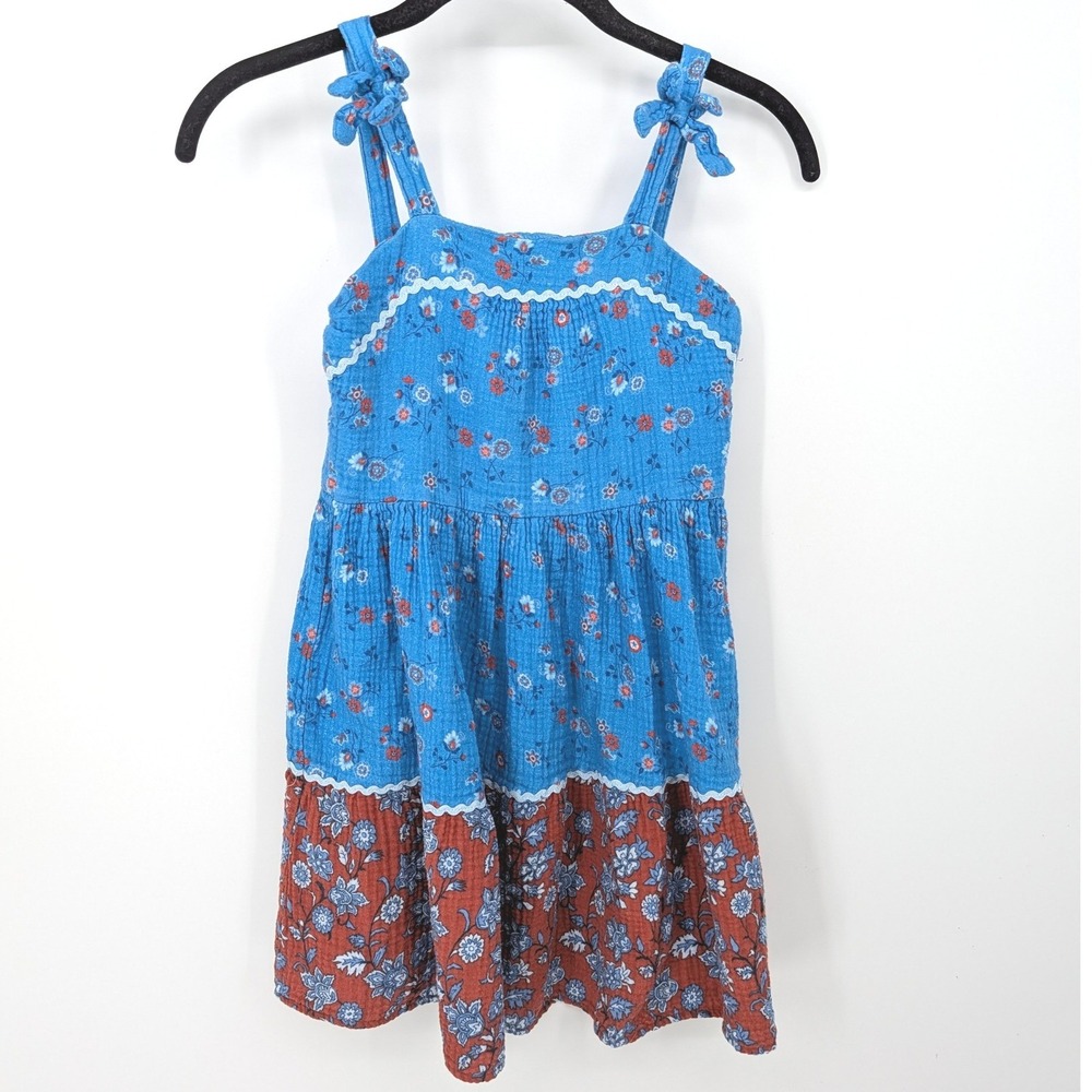 Tahari Girl Sundress 7 Blue Floral Tiered Boho Summer Fall Sleeveless